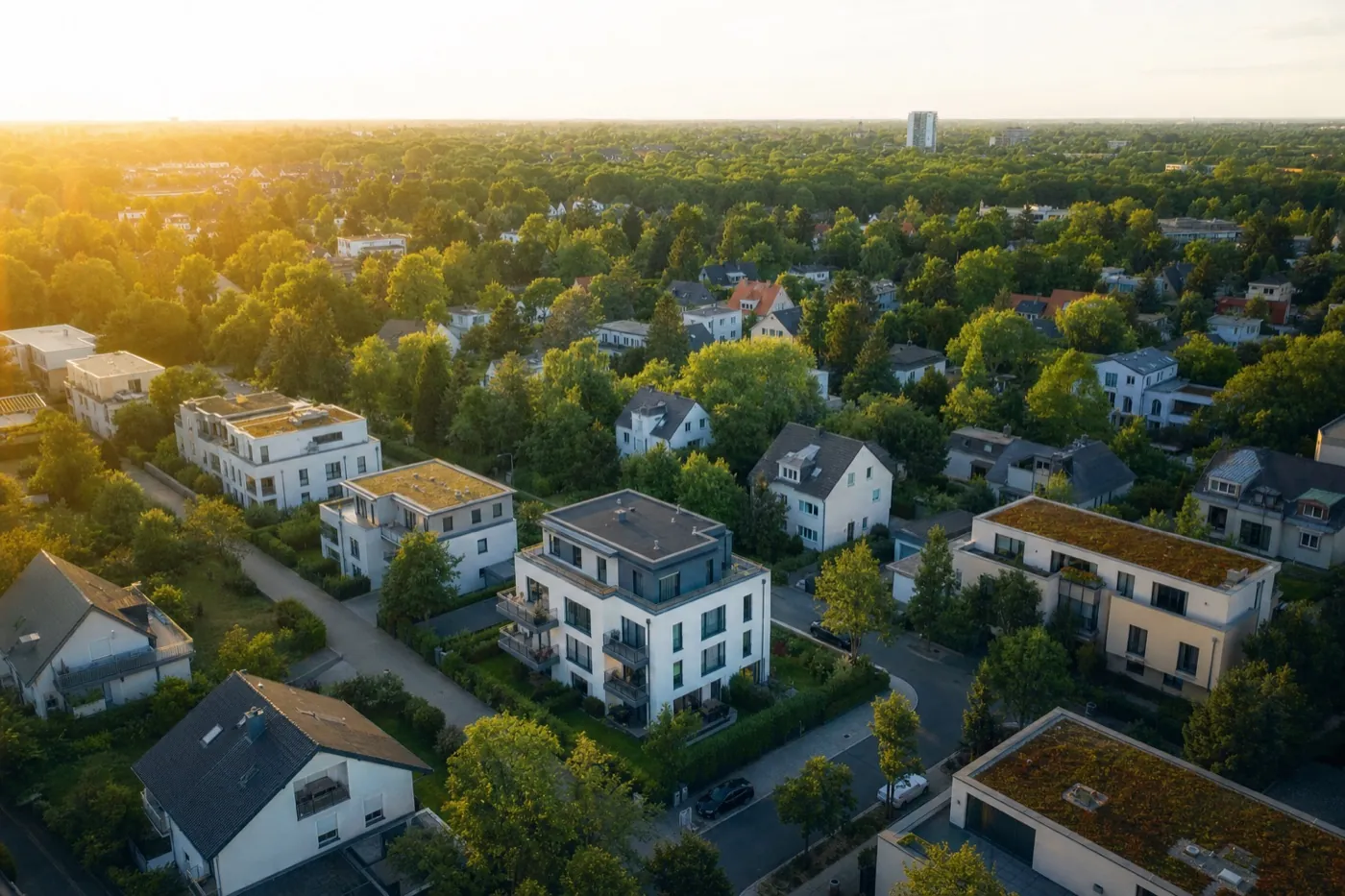 Luftaufnahme eines Wohnquartiers in der Region Hannover bei Abendlicht