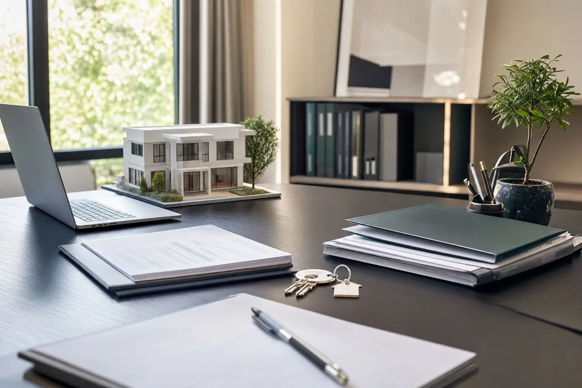 Schreibtisch mit Unterlagen, Hausmodell und Schlüssel der Immobilienverwaltung